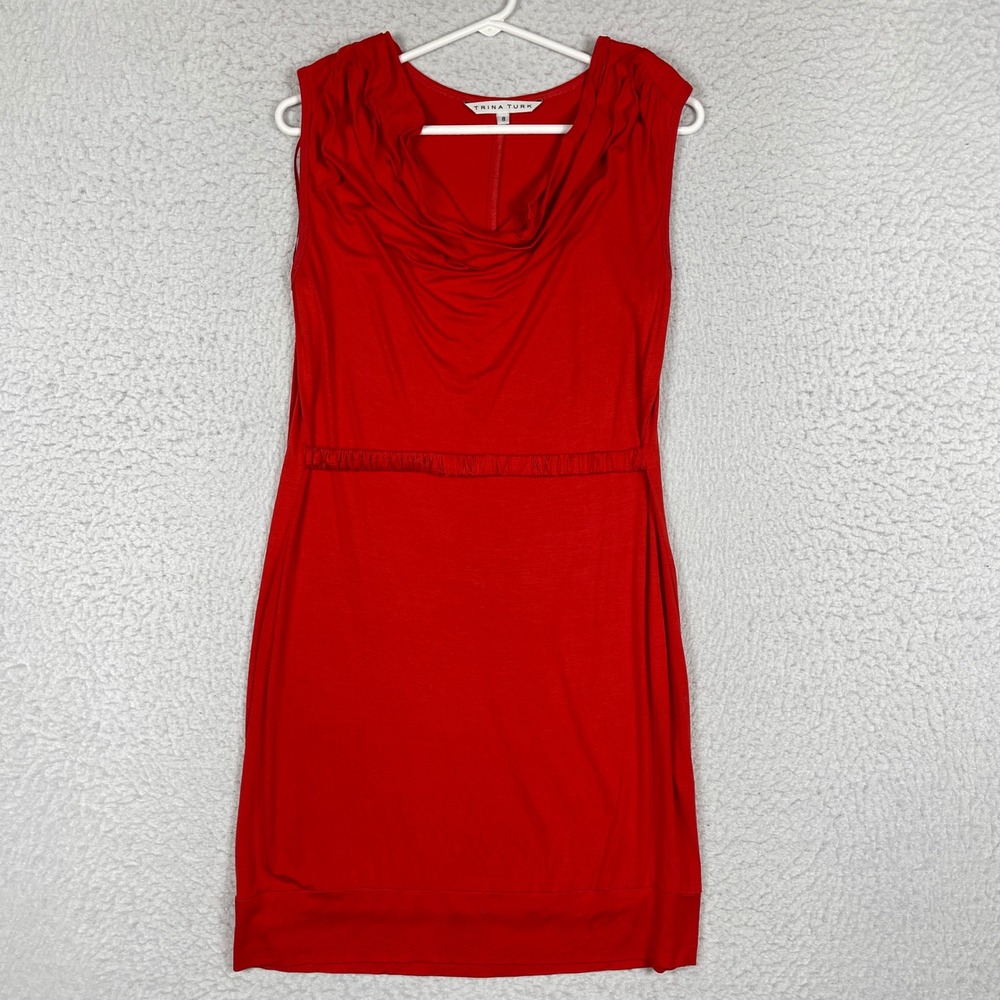 Trina Turk Sheath Dress Womens 8 Red Cowl Neck Sleeveless Cocktail Evening‎